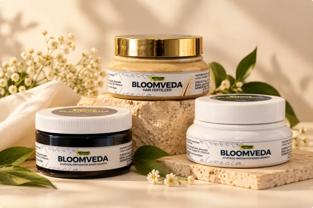 Bloomveda Hair Fertilizer and Ayurvedic Protein for Edges Growth jars arranged with green leaves and small white flowers on a warm cream background.